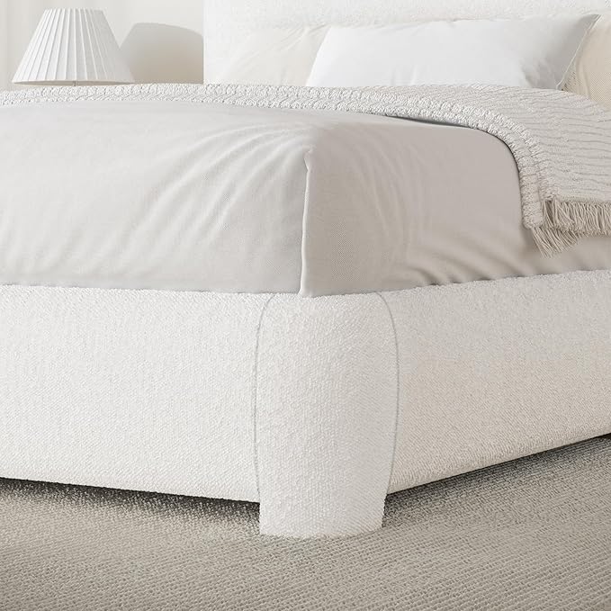 BarnFurin Boucle Upholstered California King Bed Frame/Soft Rounded Corners Headboard/Low Profile Bed Frame/No Box Spring Needed/White