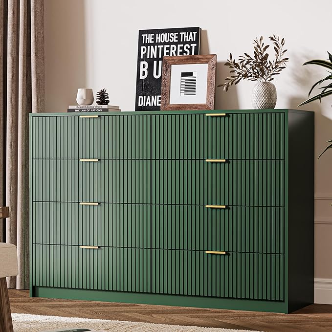 Green Dresser for Bedroom, 8 Drawer Double Dresser, Modern Chest of Drawers for Bedroom, Living Room, Entryway and Closet, 55" L x 15.7" D x 37.4" H
