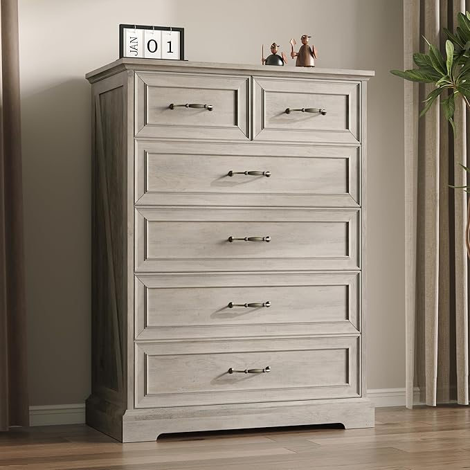 Farmhouse 6 Drawers Dresser for Bedroom, 43" Tall Wood Chest of Drawers with Deep Drawers & Bar Handles, Modern Dresser TV Stand, Rustic Wooden Closet Storage Organizer for Living Room, Hallway, Grey