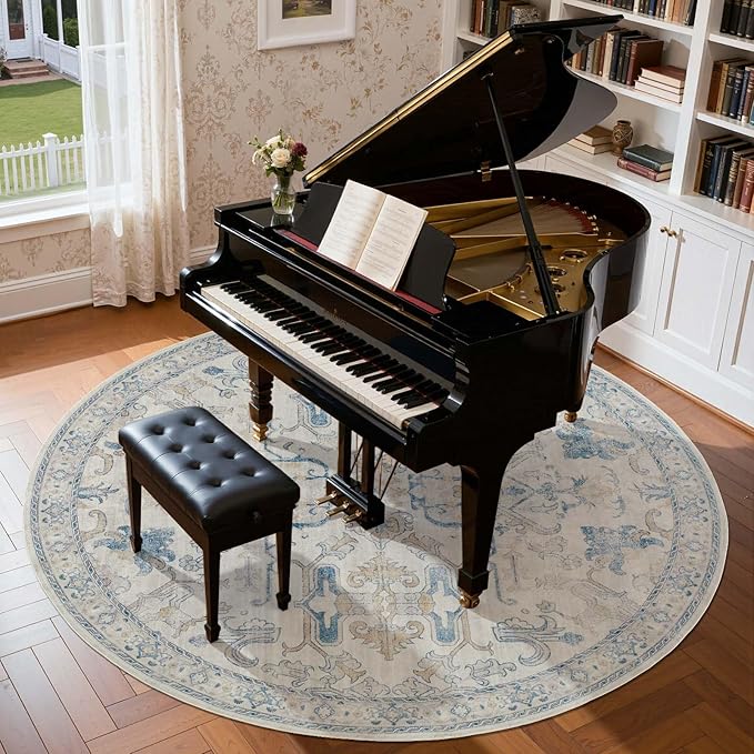 jinchan Round Rug 8ft Area Rug Vintage Floor Mat Kitchen Indoor Ultra-Thin Soft Floral Print Washable Circle 8' Accent for Farmhouse Non Slip Dining Room Living Room Bedroom Office Blue