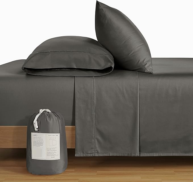 LANE LINEN 600 Thread Count 100% Mercerized Cotton Machine Wash Full Size Bed Sheets Set, Fully Elasticized Fitted Sheet, European Closure Pillow Cases, Z Hem Top Sheet, Soft & Comfy Sheets - Charcoal