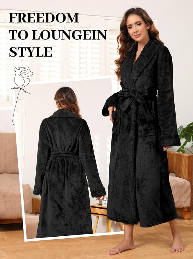 Artfasion Womens Long Fleece Robe - Warm Soft Floor Length Flannel Bathrobes for Winter Thicker Long House Coat with Pockets