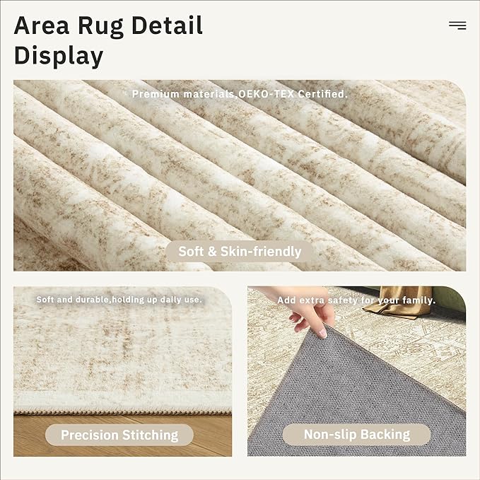 5x7 Area Rugs Beige Low Pile Indoor Washable Trendy Faded Style Floral Rugs for Bedroom Living Room Dining Room Foldable Non-Slip Thin Print Mat