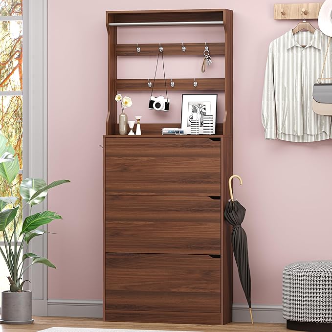 Shoe Cabinet with 3 Flip Drawers & Coat Rack, Narrow Hidden Shoe Storage Cabinet, 2-in-1 Hall Tree Slim Freestanding Shoe Rack Organizer for Entryway, Hallway, and Living Room