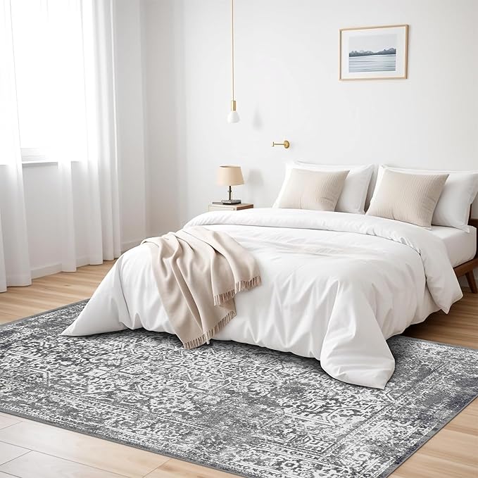 vivorug 9x12 Area Rugs, Stain Resistant Washable Rug for Living Room, Vintage-Inspired Grey Rug