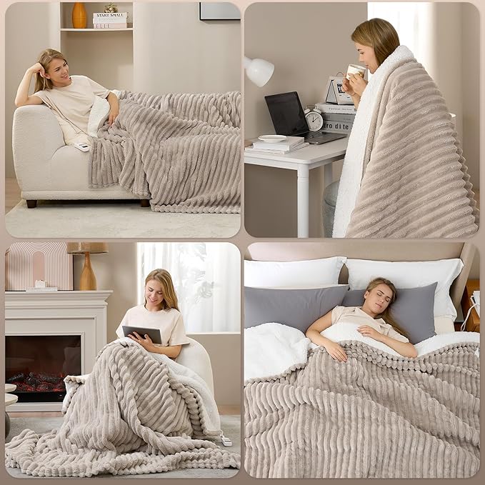 Hansleep Heated Blanket King Size Electric Throw Dual Control, Heating Blanket with 9 Heating Levels and 10-Hour Timer Auto Shut Off, Washable Soft Warm Winter Blanket, 90 x 100 Inches, Linen
