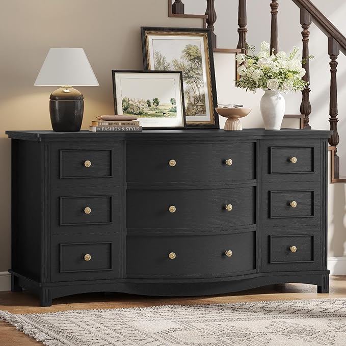 9-Drawer Chest, Wide Dresser with 3 Large Arc Fronts,Roman Column Decor, Spacious Bedroom Storage Furniture, 55 Inch Long (Black, 9 Drawer)