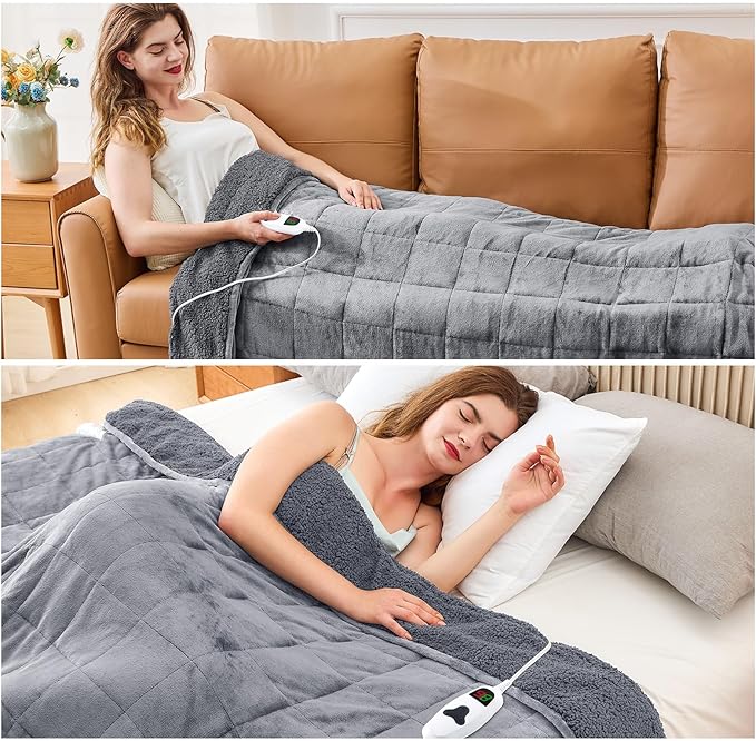 CYMULA Heated Weighted Blanket for Adults, Weighted Heated Blanket 50" x 60", 13lbs Sherpa Fleece Weighted Electric Blanket Soft Heating Blanket with 10 Heating Levels & 1-8 Hours Auto Off, Light Gray
