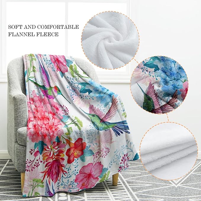 Jekeno Hummingbird Floral Blanket Bird Colorful Flowers Christian Blanket Birthday Christmas for Women Kids Girls Mom Bedroom Living Room Mother's Day Decor Plush Throw 50"x60"