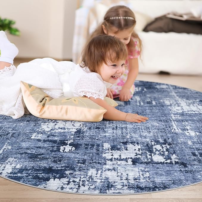 5ft Round Area Rug Living Room Rugs - 5x5 Washable Large Soft Indoor Neutral Modern Abstract Low Pile Rug Carpet for Bedroom Dining Room Farmhouse Home Office - Navy Blue