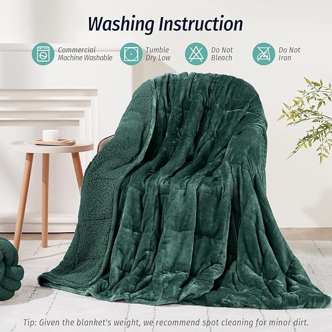 Wemore Sherpa Fleece Weighted Blanket for Adult, 15 lbs Dual Sided Cozy Fluffy Heavy Blanket, Ultra Fuzzy Throw Blanket with Soft Plush Flannel Top, 48 x 72 inches, Green on Both Sides