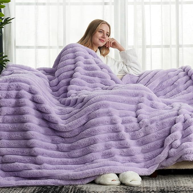 Cozy Bliss Faux Fur Throw Blanket for Couch, Cozy Warm Plush Striped Blanket for Sofa Bedroom Living Room, 90 * 90 Inches Lavender