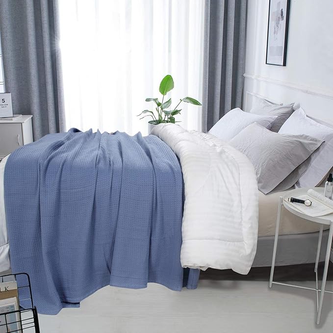 DOLLCENT 100% Cotton King Size Blanket for Bed, Premium Soft Combed Lightweight Blankets, Washed Breathable Cozy Bed Throw Blanket, Blue King Cotton Blankets for All Season: Blue (108"x90")