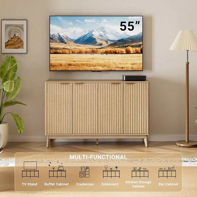 Sideboard Cabinet, 55'' Buffet Cabinet, Modern Fluted Storage Cabinet with Adjustable Shelf & Doors, Accent Credenza Sideboard for Kitchen, Coffee Bar, Living Room, Entryway, Hallway