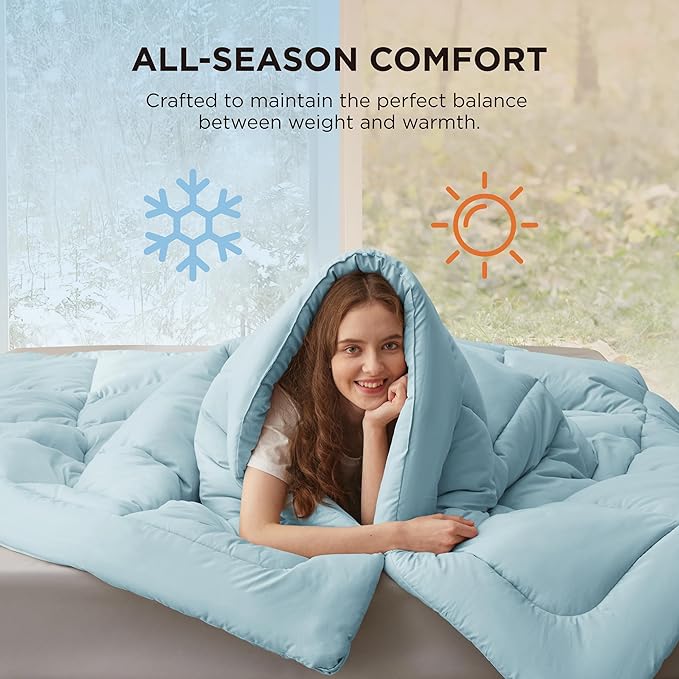 Bedsure Comforter Duvet Insert - Quilted Comforters Queen Size, All Season Duvet, GentleSoft Down Alternative Bedding, with 8 Tabs, Gifts for Women/Men, Light Spa Blue, Queen 88 x 88 Inches