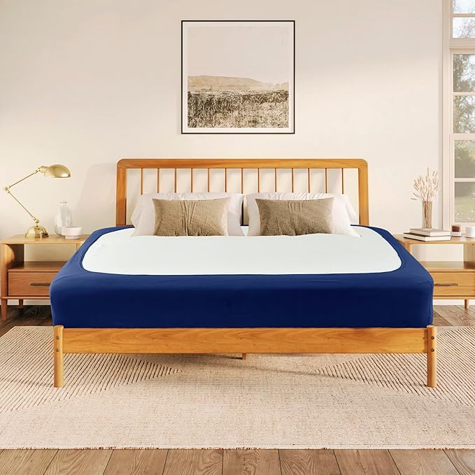Biscaynebay Decorative Box Spring Cover King & Cal King Size, Navy Luxurious Jersey Knitting Stretchy Wrap Around 4 Sides Bed Skirt for Home/Hotels, Easy Fit Wrinkle & Fade Free Machine Washable