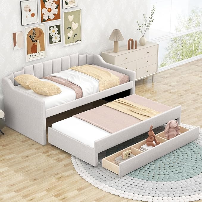 Favfurish Twin Size Upholstered Daybed with Trundle and 3 Lower Drawers,Linen Sofa Bed for Apartment Living Room Guest Room,Solid Wood Day Bed Frame,No Box Spring Needed,Beige