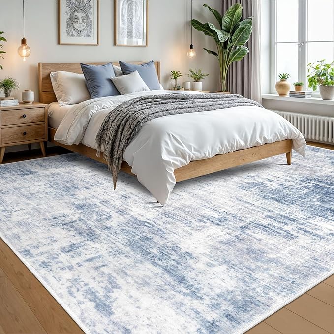 IOHOUZE Abstract Area Rugs 9x12 Ft Washable Large Rugs for Living Room, Non Slip Dining Room Rug, Printed Faux Wool Rugs for Bedroom, Floor Carpet for Office Nursery Playroom, Light Blue White