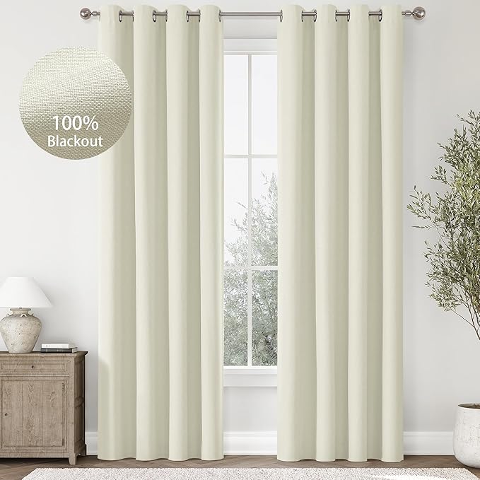 ChrisDowa 100% Blackout Iovry Solid Curtains 90 Inches Long 2 Panels for Bedroom Living Room,Farmhouse Room Darkening Thermal Insulated Soundproof Grommet Top Window Treatment Drapes,52x90