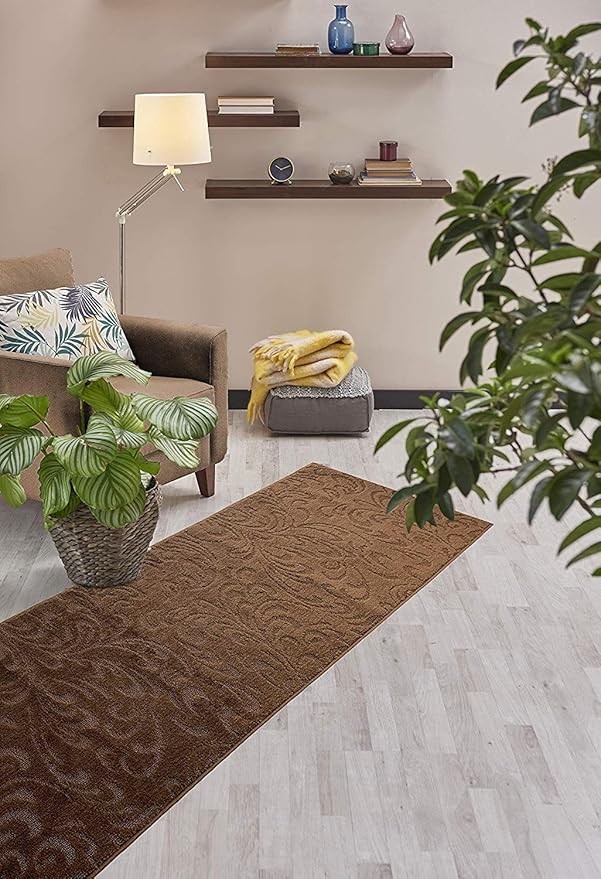 Custom Length Hallway Runner Rug,Slip Resistant,Floral Brown, 26 Inch X 11 feet, Sold and Priced Per Foot