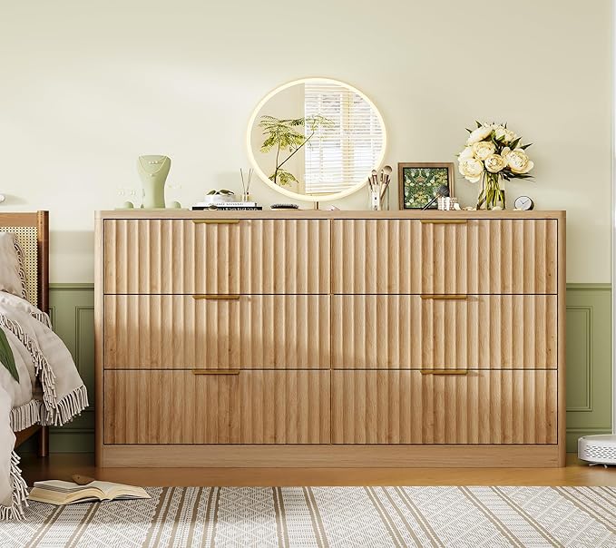 TEENFON Fluted 6 Drawer Dresser for Bedroom, Wide Modern Chest of Drawers with Metal Handle, Curved Profile Design, Wood Closet Clothes Storage Organizer for Bedroom, Living Room, Hallway, Natural