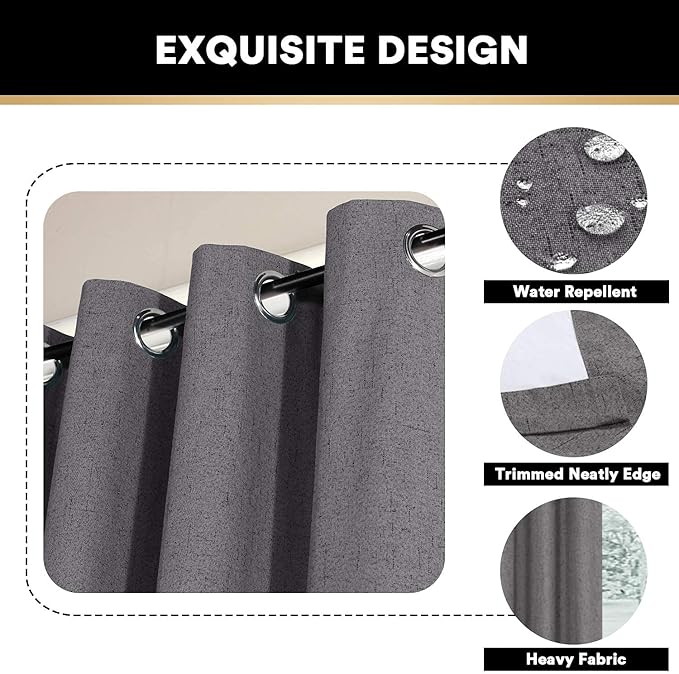 PrinceDeco 100% Blackout Linen Curtains 84 inch Long Thermal Insulated Curtains for Winter Grommet Noise Reducing Window Treatment Drapes for Hall Room,52" Wide Per Panel, Set of 2,Grey