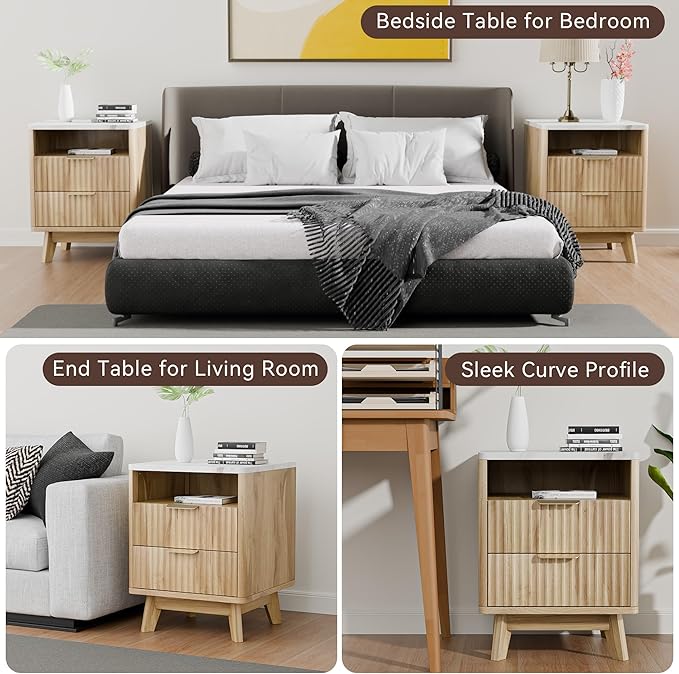 Fluted Nightstand Set of 2, 18" Modern Night Stand with Faux Marble Top, Open Storage Shelf, Fluted Bedside Table for Bedroom, End Table Side Table, Oak