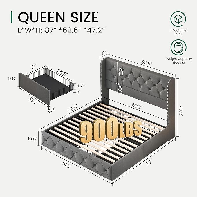 LARMACE Queen Size Platform Bed Frame with 4 Storage Drawers and Tufted Headboard Linen Upholstered Bed Wingback Bed Frame with Wooden Slats Support, Easy Assembly, Light Grey