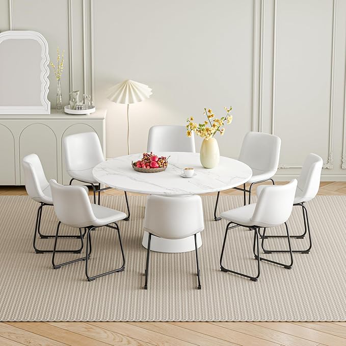 Dining Chairs Set of 8, 18 Inch Modern Armless Dining Chair with Back, Faux Leather Kitchen Dining Room Chair with Metal Legs for Home, Bistro Coffee Shops (White)