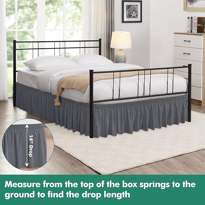 Biscaynebay Wrap Around Bed Skirts with Split Corners for Full Beds 14" Drop, Dark Grey Elastic Dust Ruffles Adjustable Easy Fit Wrinkle & Fade Resistant Silky Luxurious Fabric Machine Washable