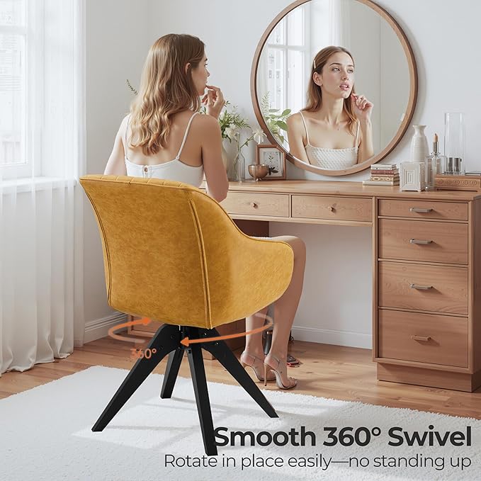 Zouron Mid Century Modern Accent Chair with Black Oak Wood Legs, Upholstered Swivel Chair No Wheels, Side Accent Armchair Vanity Chair for Small Space Home Office Living Room Bedroom, Yellow Brown
