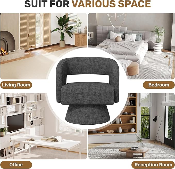 Swivel Accent Chair, Modern Comfy Chenille Barrel Chairs, Oversized Upholstered Round Arm Chair for Living Room, Bedroom, Reading Room, Black, 1 PCS