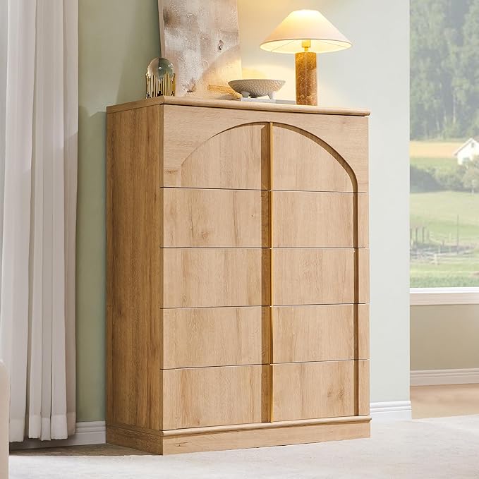 ACCOHOHO Modern 5 Drawers Dresser for Bedroom with Arched Panel,44" Tall Dresser for Closet with Metal Handles,Push-to-Open Wood Storage Closet Dressers Tv Stand for Living Room, Hallway,Natural Oak