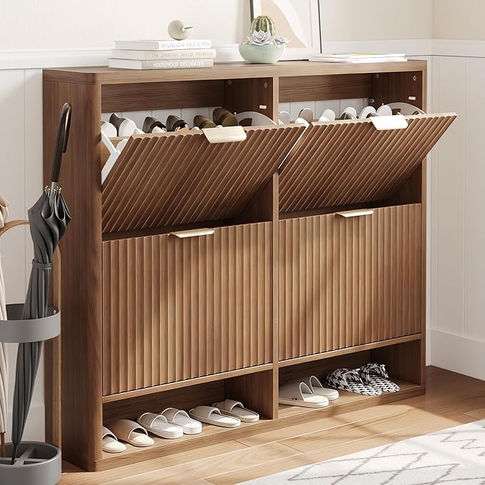 Fluted Shoe Cabinet Storage with 4 Flip Drawers, Narrow Shoe Storage Organizer for Entryway, Hidden Slim Wooden Shoe Rack Cabinet for Front Door Entrance, Hallway, Living Room (4-Drawer, Walnut)