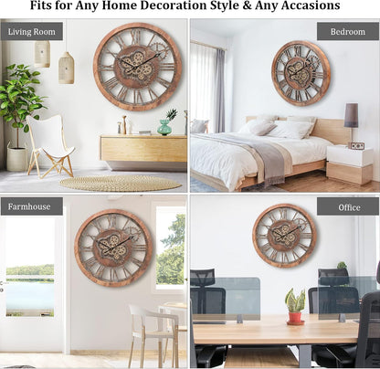 HOIBAI Large Wall Clock, Wall Clocks for Living Room Decor 20 Inch Farmhouse Vintage Rustic Kitchen Wall Decor Vintage Roman Oversized Wall Clock for Home Bedroom House, Moving Gears Clock