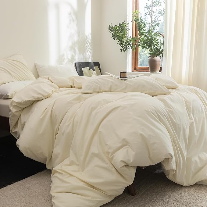 FOSSA Duvet Cover Set 100% Washed Cotton Linen Feel Super Soft Breathable Cozy 3 Pieces Bedding Sets Solid Cream White Super King