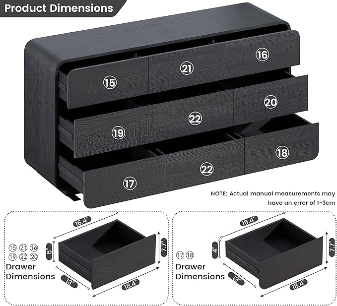 9 Dresser for Bedroom, 57" Wide Vertical Drawer Dresser with Large Storage, Wooden Drawer Closet for Bedroom, Living Room, Black