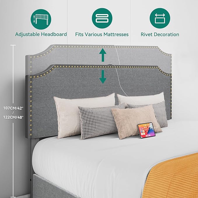 YITAHOME King Bed Frame with 4 Storage Drawers, Upholstered Platform Bed Frame with Adjustable Rivet-Trimmed Headboard, USB & Type-C Charging Ports, Wooden Slats, Easy to Assemble (Gray)