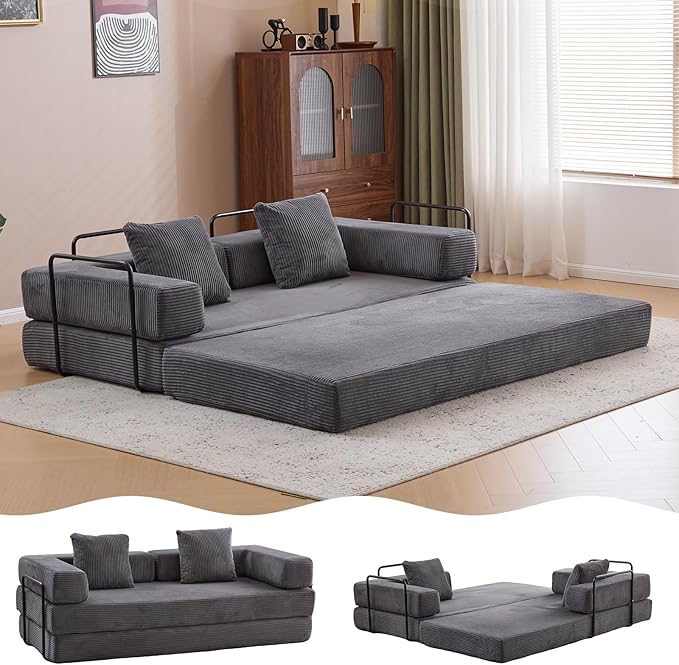 4-in-1 Convertible Folding Sleeper Sofa Bed, Fold Out Floor Sofa Couch with Fixed-Shape Frame, Cloud Corduroy Foldable Mattress Couch for Living Room Bedroom (77" Corduroy, Dark Grey)