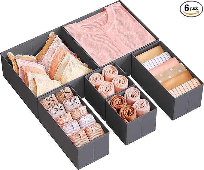 SONGMICS Drawer Organizer, Dresser Drawer Organizers, Set of 6, Foldable Fabric Storage Bins for Socks, Underwear, Bras, Ties, Scarves, Slate Gray URDZ06G