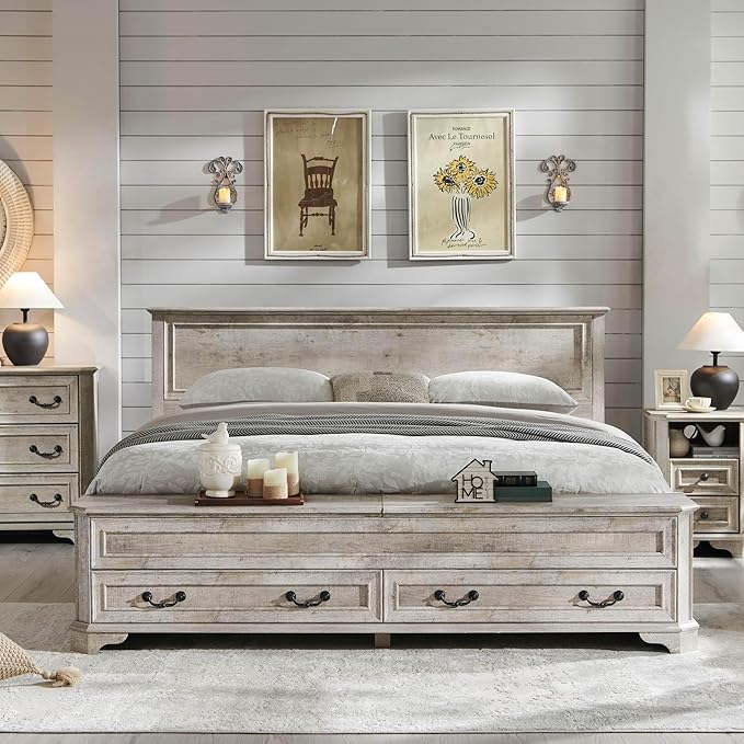 T4TREAM Farmhouse King Bed with Headboard and Storage Bench, Rustic Wood Platform Bed with 80" Storage Chest w/ 4 Large Drawer, Light Rustic Oak