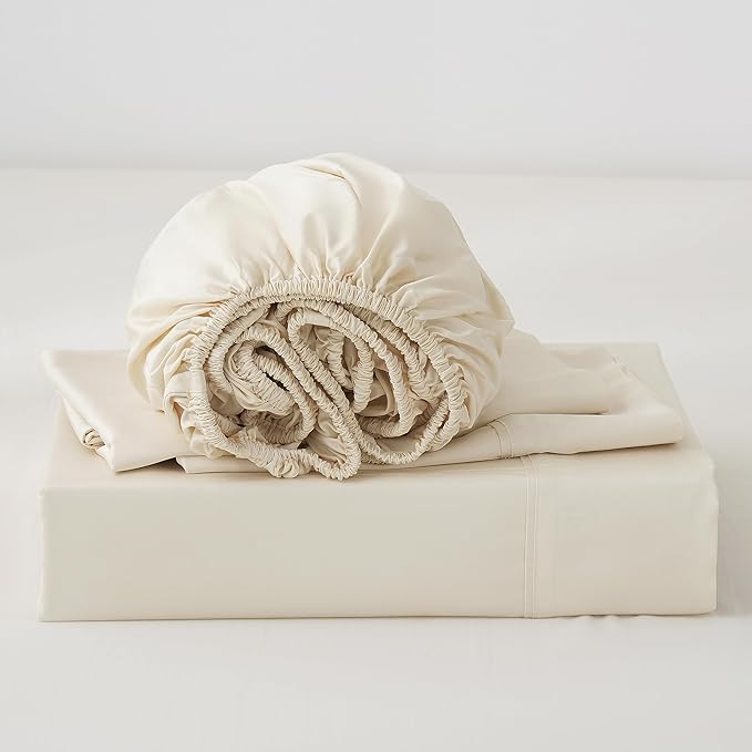 Linen World King Size 400TC Cooling Bed Sheet Set - 100% Organically Grown Viscose Sheets, Silky Soft & Breathable, Deep Pocket Fits Up to 16", 4-Piece Sheets with Pillowcases,Creamy