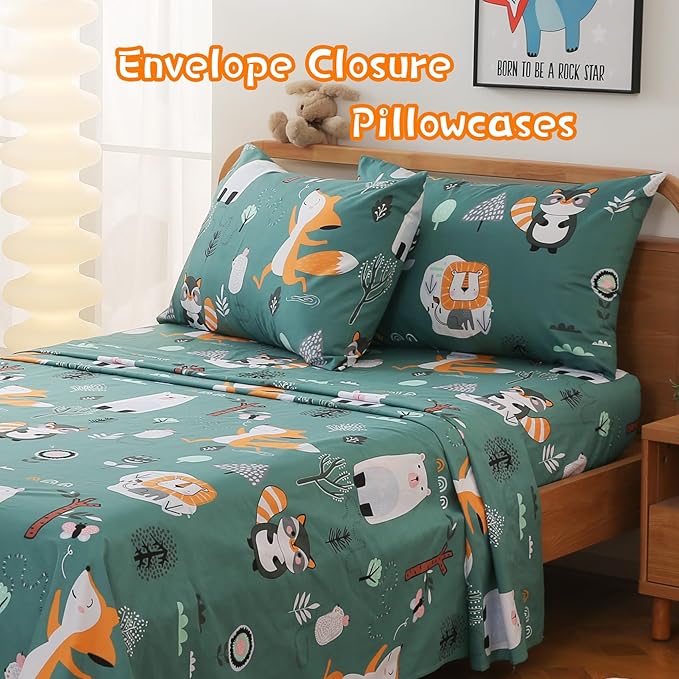 JSD Green Forest Animals Kids Sheet Set Twin Size, 3 Piece Woodland Printed Microfiber Bed Sheets Deep Pocket