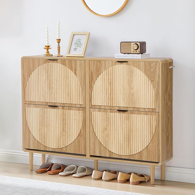 Shoe Storage Cabinet for Entryway, Narrow Shoe Organizer Cabinet, 4 Flip-Down Drawers, Round Fluted Panel, Hidden Wood Slim Shoe Rack for Foyer, Hallway (Natural)