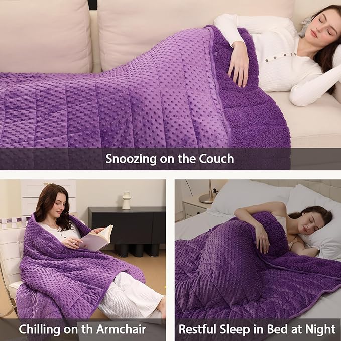 Minky Dot Weighted Blanket for Adults Queen Size 15 lbs, Warm Sherpa Snuggle Heavy Blanket for Autumn Winter with Glass Beads, Great for Stress Relief and Sleep Promotion, Purple 60 x 80 inches