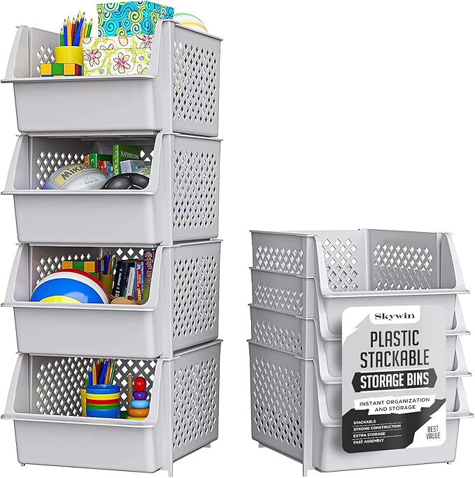 TidyFriend Stackable Storage Bins for Pantry, 4 Pack Stackable Bins For Organizing Food, Kitchen, and Bathroom Essentials (Light Grey)