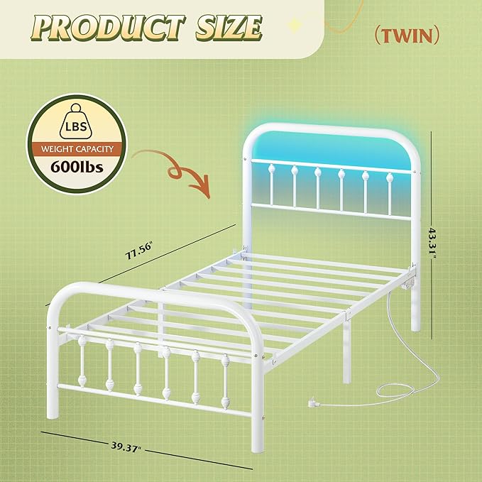 WLIVE Metal Platform Bed Frame, Twin Bed Frames with Headboard, Bed Frame with LED Lights and Charging Station, 600LBS Mattress Foundation, Under Bed Storage, No Box Spring Needed, White