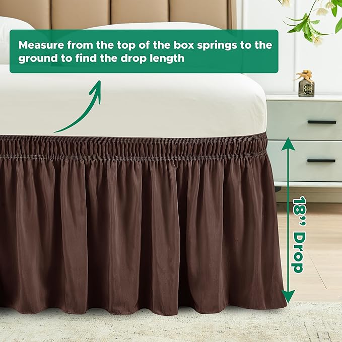 Biscaynebay Wrap Around Bed Skirts for Queen Size Beds 18" Drop, Brown Adjustable Elastic Dust Ruffles Easy Fit Wrinkle Resistant Silky Luxurious Fabric Machine Washable