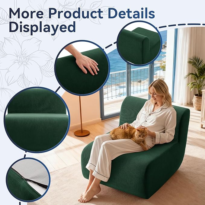 26" Single Sofa, 1 Seater Armless Corduroy Couch, No Assembly Modern Boneless Couch Compression Sofa in Box, Floor Sofa with Ergonomic Design for Living Room, Dark Green