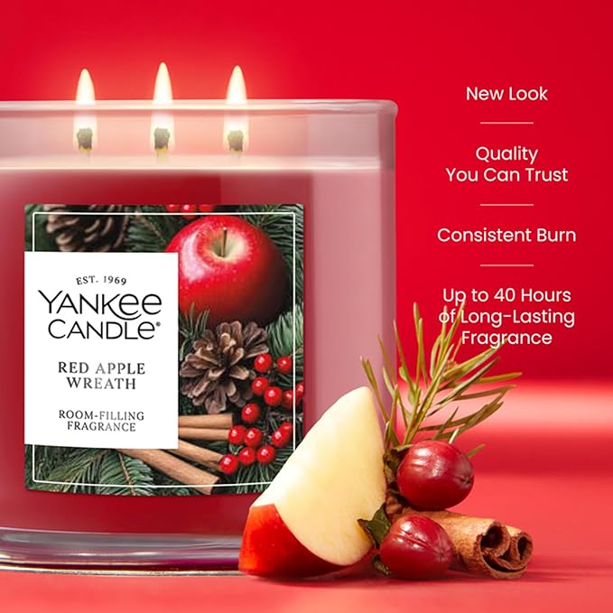 Yankee Candle Red Apple Wreath, Scented Candle, 14.5oz 3-Wick Candle Jar with up to 40 Hours Burn Time, Giftable, Holidays
